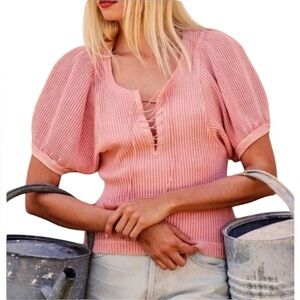 Free People Womens Pink Hayden Thermal Lace-Up V-Neck Puff Sleeve Top Small